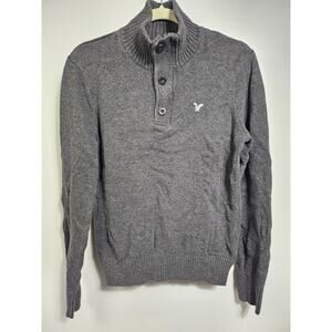 American Eagle Sweater Men's Medium Grey Henley Heavy Knit Zip Button Ribbed